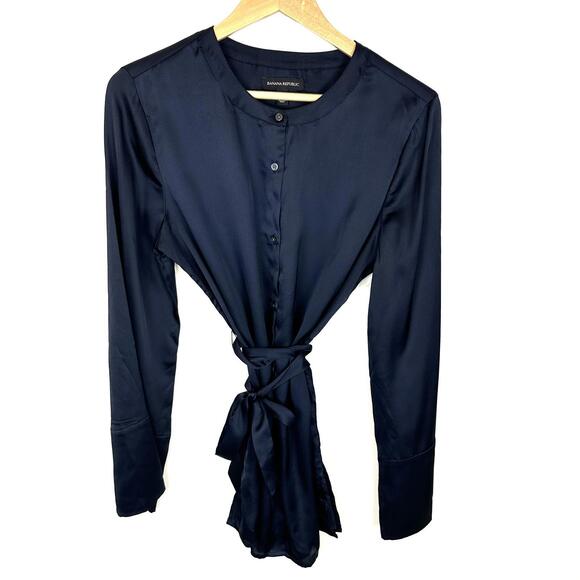 Banana Republic Navy Long Sleeve Tie Waist Button Down Blouse Tunic Top Medium T - Picture 1 of 7